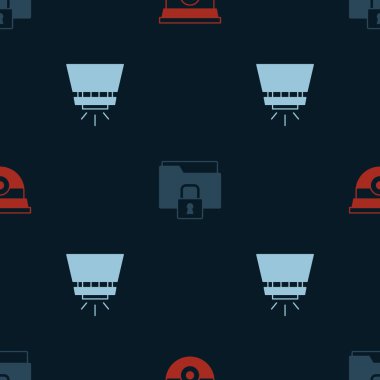 Güvenlik kamerası dizinini, kilidi ve yangın fıskiyesini kusursuz desene ayarlayın. Vektör.