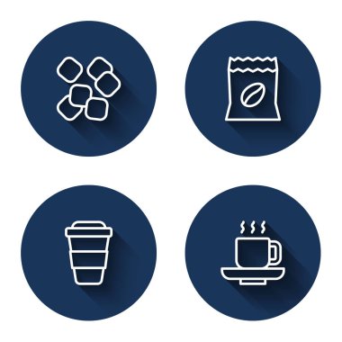 Şeker küpleri, kahve poşeti kahve fincanı ve uzun gölgeli olsun. Mavi daire düğmesi. Vektör.