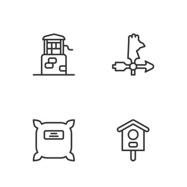 Kuş kafesi tohum dolu. Kuyu ve horoz rüzgar gülü ikonu. Vektör.