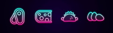 Biftek, peynirli taco, tortilla ve tavuk yumurtası. Parlayan neon ikonu. Vektör.
