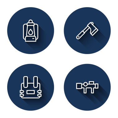 Kamp feneri, tahta balta, kurşun geçirmez yelek ve uzun gölgeli keskin nişancı optik görüşü. Mavi daire düğmesi. Vektör.