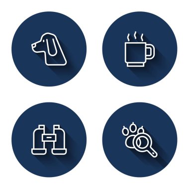 Avcı köpeği kahve fincanı dürbünü ve uzun gölgeli pati araması yapın. Mavi daire düğmesi. Vektör.