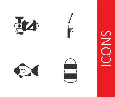 Balık ağı, makarayı balık tutmak için ayarla ve çubuk simgesi. Vektör