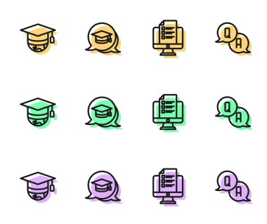 Çevrimiçi Sınav Anketi Dünya Konuşma Balonu ve Soru ve Yanıt simgesi üzerine Mezuniyet Başlığını Ayarlayın. Vektör.