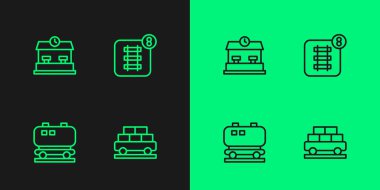 Tren vagonu Cargo Petrol Sarnıç İstasyonu ve Çevrimiçi bilet rezervasyon ikonu ayarlayın. Vektör.