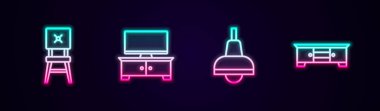 Sıralı Sandalye TV masası lambası asılıydı. Parlayan neon ikonu. Vektör.