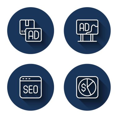 SEO optimizasyonu ve uzun gölgeli pazar analizi için satır reklamı ayarla. Mavi daire düğmesi. Vektör.