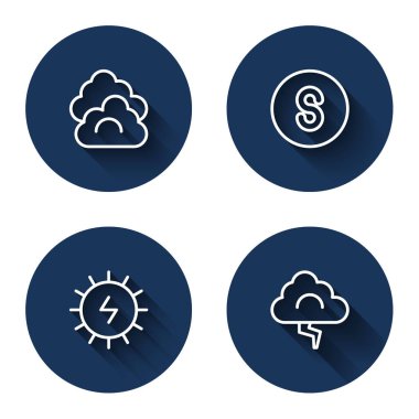 Cloud Compass 'ın güney güneş enerjisi paneli ve uzun gölgeli şimşek hattını ayarlayın. Mavi daire düğmesi. Vektör.