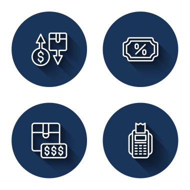 Satır Vergi Karton Kutusu İndirim yüzdesini dolar ve POS terminalini uzun gölgeli etiketle. Mavi daire düğmesi. Vektör.