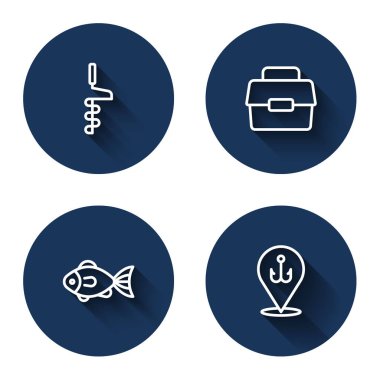 El matkabı ya da balık tutmak için uzun gölgeli olta kutusu ayarlayın. Mavi daire düğmesi. Vektör.