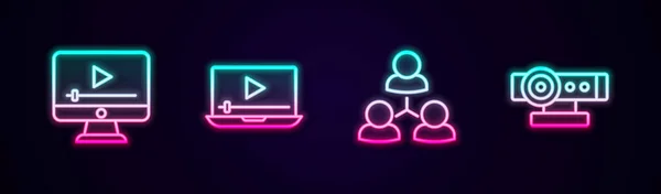 Ustaw Linię Online Odtwarzania Klasy Wideo Kamery Internetowej Świecąca Neonowa — Wektor stockowy