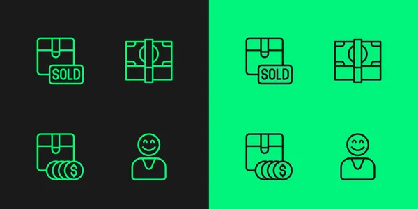 Set Line Happy Customer Item Price Tag Dollar Vendu Empile — Image vectorielle