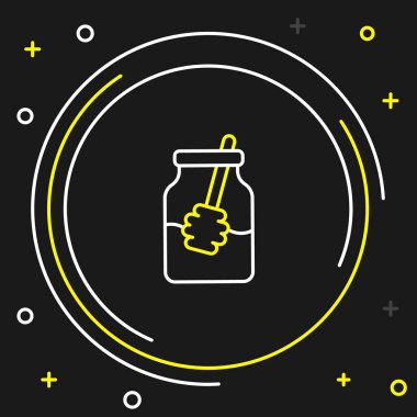 Bal kavanozu ve ballı şeker çubuğu simgesi siyah arkaplanda izole edilmiş. Yiyecek bankası. Tatlı doğal gıda sembolü. Tatlı kepçe. Renkli taslak konsepti. Vektör