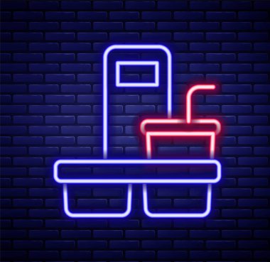 Parlayan neon hatlı kahve fincanı tuğla duvar arkasında izole edilmiş bir ikon haline gelecek. Renkli taslak konsepti. Vektör