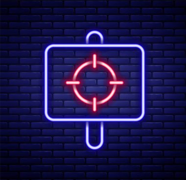 Parlayan neon hattı hedef spor ikonu tuğla duvar arkasında izole edildi. Atış mesafesi ya da atış mesafesi için sayıları olan temiz bir hedef. Renkli taslak konsepti. Vektör