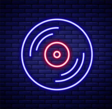 Parlayan neon hattı Vinil disk simgesi tuğla duvar arka planında izole edildi. Renkli taslak konsepti. Vektör