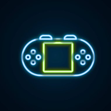 Parlayan neon hattı taşınabilir oyun konsolu simgesi siyah arkaplanda izole edildi. El bilgisayarı oyun konsolu. Renkli taslak konsepti. Vektör