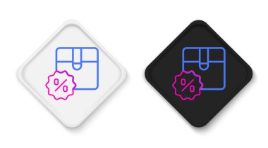 Satır Karton karton kutu beyaz arka planda yüzde indirim etiketi simgesi izole. Kutu, paket, paket işareti. Teslimat ve ambalaj. Renkli taslak konsepti. Vektör