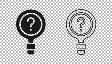 Black Unknown search icon isolated on transparent background. Magnifying glass and question mark.  Vector