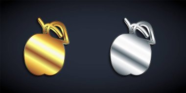 Gold and silver Plum fruit icon isolated on black background. Long shadow style. Vector