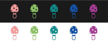Set Amanita muscaria or fly agaric hallucinogenic toadstool mushroom icon isolated on black and white background. Spotted poisonous mushroom.  Vector