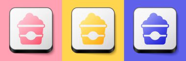 Isometric Popcorn in cardboard box icon isolated on pink, yellow and blue background. Popcorn bucket box. Square button. Vector