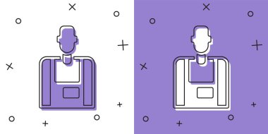 Satıcı simgesini beyaz ve mor arkaplanda izole et. Vektör