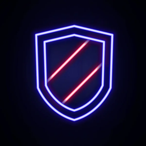 レンガの壁の背景に隔離されたネオンラインシールドアイコンを光る 警備員のサイン セキュリティ 安全性 プライバシーの概念 カラフルなアウトラインコンセプト ベクトル — ストックベクタ