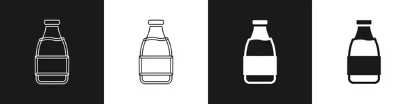 设置封闭的玻璃瓶与牛奶图标隔离的黑白背景 — 图库矢量图片
