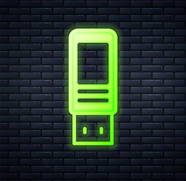 Brilhante Neon Usb Flash Drive Ícone Isolado Fundo Parede Tijolo — Vetor de Stock