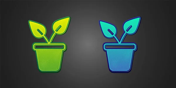 Planta Verde Azul Ícone Pote Isolado Fundo Preto Planta Crescendo — Vetor de Stock