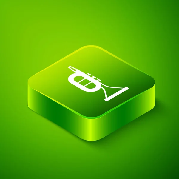 stock vector Isometric Trumpet icon isolated on green background. Musical instrument. Green square button. Vector