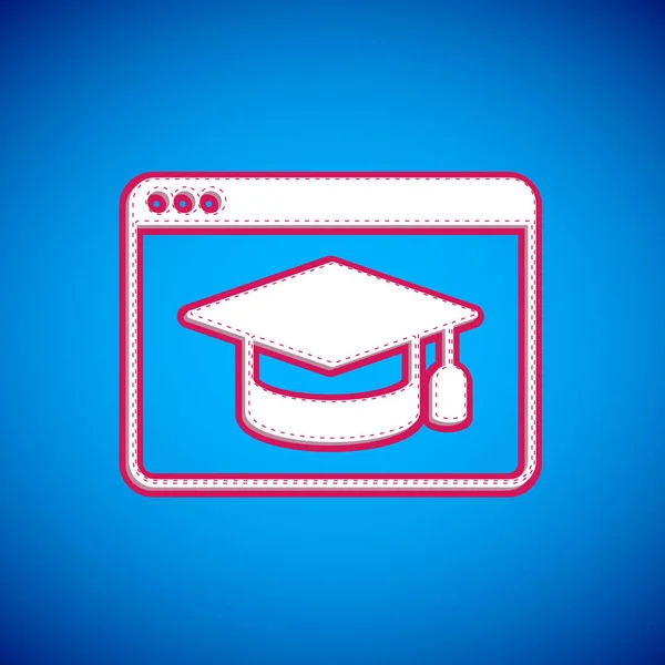 Wit Online Onderwijs Afstuderen Pictogram Geïsoleerd Blauwe Achtergrond Online Leraar — Stockvector
