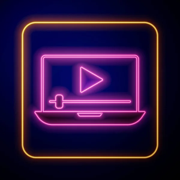 Glowing Neon Online Play Video Icon Isolated Black Background Laptop — Stock Vector