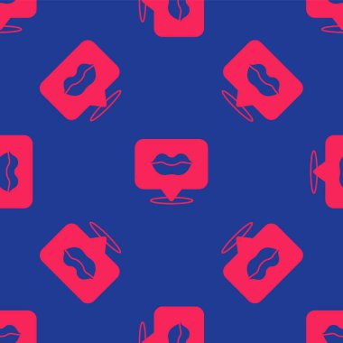 Kırmızı gülen dudaklar ikonu mavi arka planda izole edilmiş kusursuz desen. Gülümse. Vektör