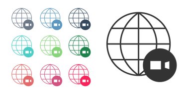 Siyah görüntülü sohbet konferansı simgesi beyaz arkaplanda izole edildi. Çevrimiçi iş görüşmesi formu. Uzak proje yönetimi. Simgeleri renklendirin. Vektör