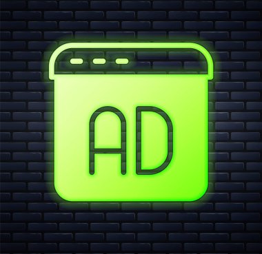 Parlayan neon reklam simgesi tuğla duvar arka planında izole edildi. Pazarlama ve tanıtım süreci kavramı. İlgili reklamlar. Sosyal medya reklamcılığı. Vektör