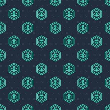 Yeşil çizgi arısı ve bal peteği ikonu mavi arkaplandaki kusursuz deseni izole etti. Bal hücreleri. Bal arısı ya da kanat sembollü apis. Uçan böcek. Tatlı doğal yemek. Vektör