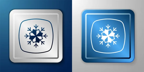 stock vector White Snowflake icon isolated on blue and grey background. Merry Christmas and Happy New Year. Silver and blue square button. Vector
