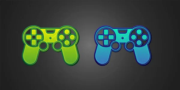 黒の背景に隔離されたゲームコンソールのアイコンのための緑と青のゲームコントローラまたはジョイスティック ベクトル — ストックベクタ