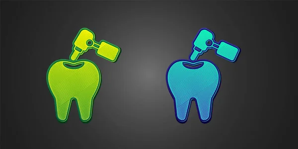Grüner Und Blauer Zahn Mit Karies Und Zahnbohrersymbol Auf Schwarzem — Stockvektor