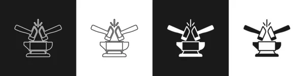 Set Blacksmith Anvil Tool Hammer Icon Isolated Black White Background — Stock vektor