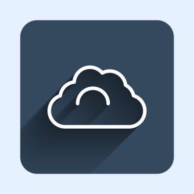Beyaz çizgi bulutlu hava ikonu uzun gölge arkaplanı ile izole edildi. Mavi kare düğme. Vektör