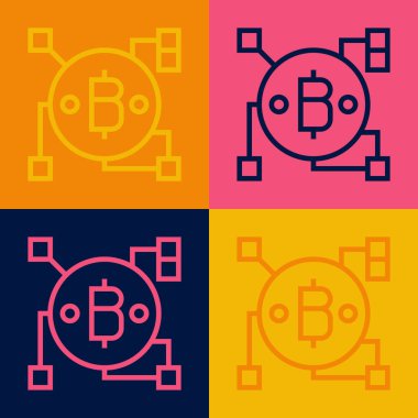 Pop Art Line Blockchain teknolojisi Bitcoin simgesi renk arkaplanında izole edildi. Soyut geometrik blok zincir ağ teknolojisi işi. Vektör