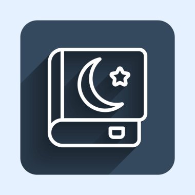 Beyaz çizgi Kuran 'ın kutsal kitabı uzun gölgeli arka plan izole edilmiş. Müslüman bayramı, Kurban Bayramı, Kurban Bayramı, Ramazan Kareem. Mavi kare düğme. Vektör