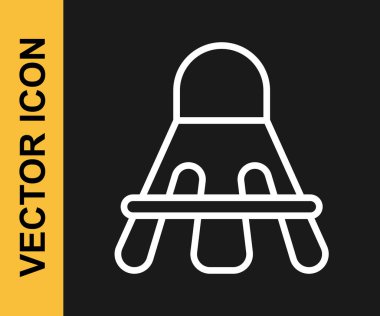 Beyaz çizgi Badminton mekik siki simgesi siyah arkaplanda izole edildi. Spor malzemeleri. Vektör