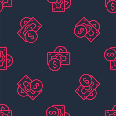 Kırmızı çizgi, kağıt para yığını nakit para ikonu siyah arka planda izole edilmiş kusursuz desen. Para desteleri. Para birimi. Vektör