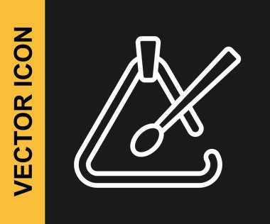 Beyaz çizgi üçgeni müzik aleti simgesi siyah arkaplanda izole edildi. Vektör