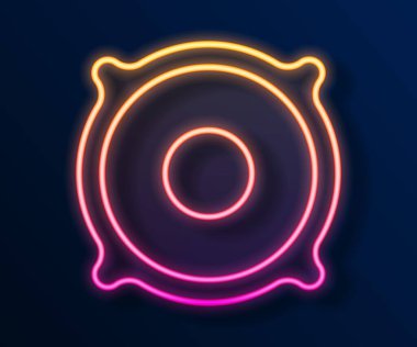 Parlayan neon hattı Stereo hoparlör simgesi siyah arkaplanda izole edildi. Ses sistemi hoparlörleri. Müzik ikonu. Müzikal sütun hoparlörü. Vektör