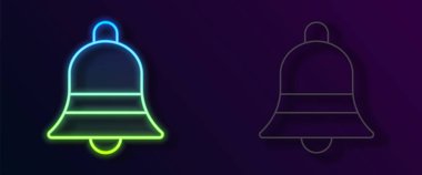 Parlayan neon hattı zil simgesi siyah arkaplanda izole edildi. Alarm sembolü, servis zili, el zili işareti, uyarı sembolü. Vektör